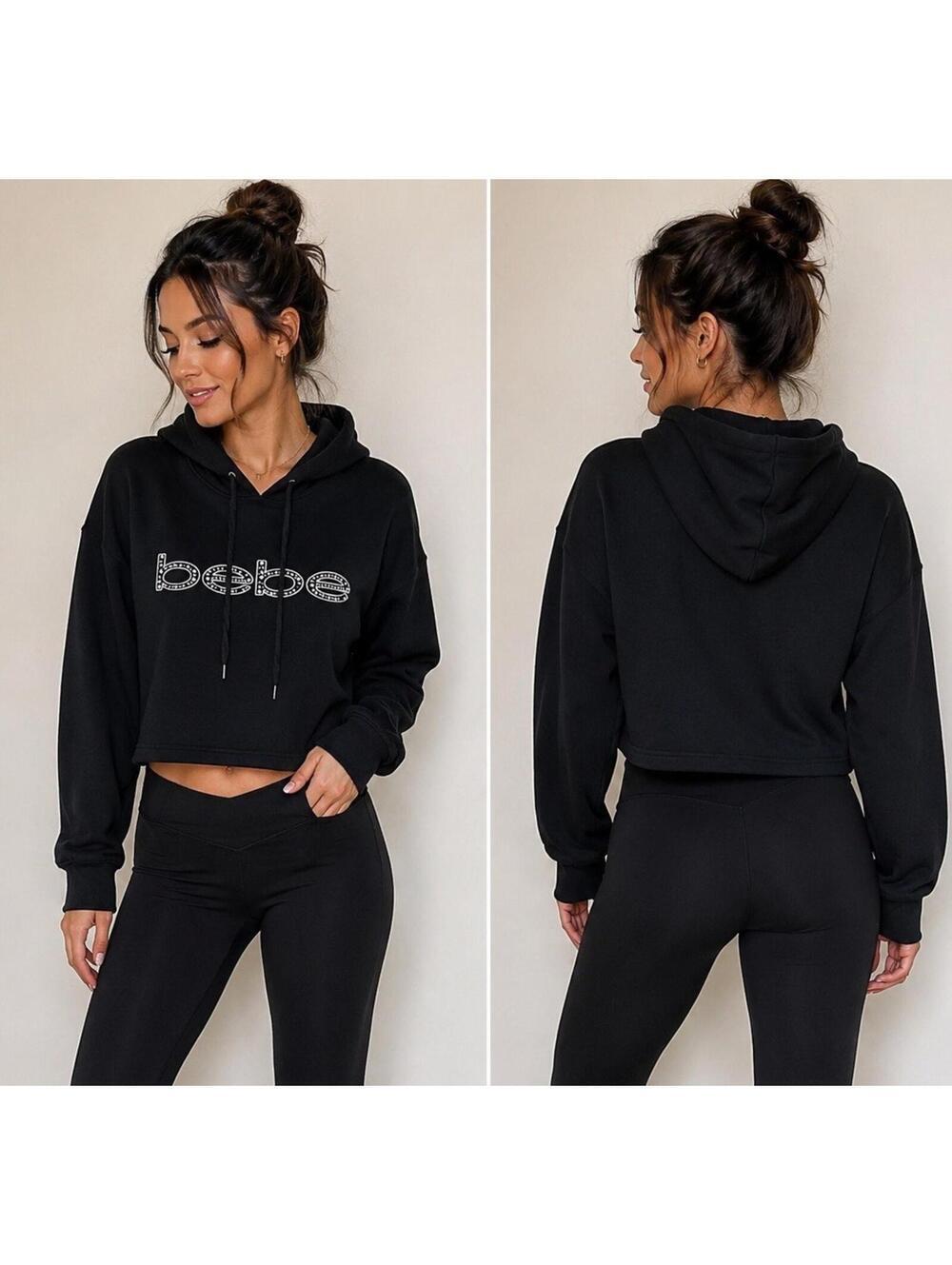 BEBE Sport Black Cropped Hoodie Women’s Large Rhinestone Logo Pullover Y2K Goth